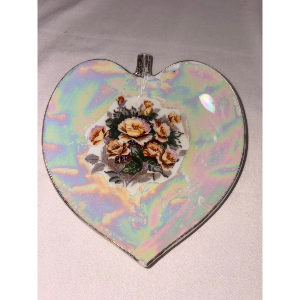 Japan Lusterware Heart Leaf Floral Porcelain Trinket Dish Iridescent Vintage
